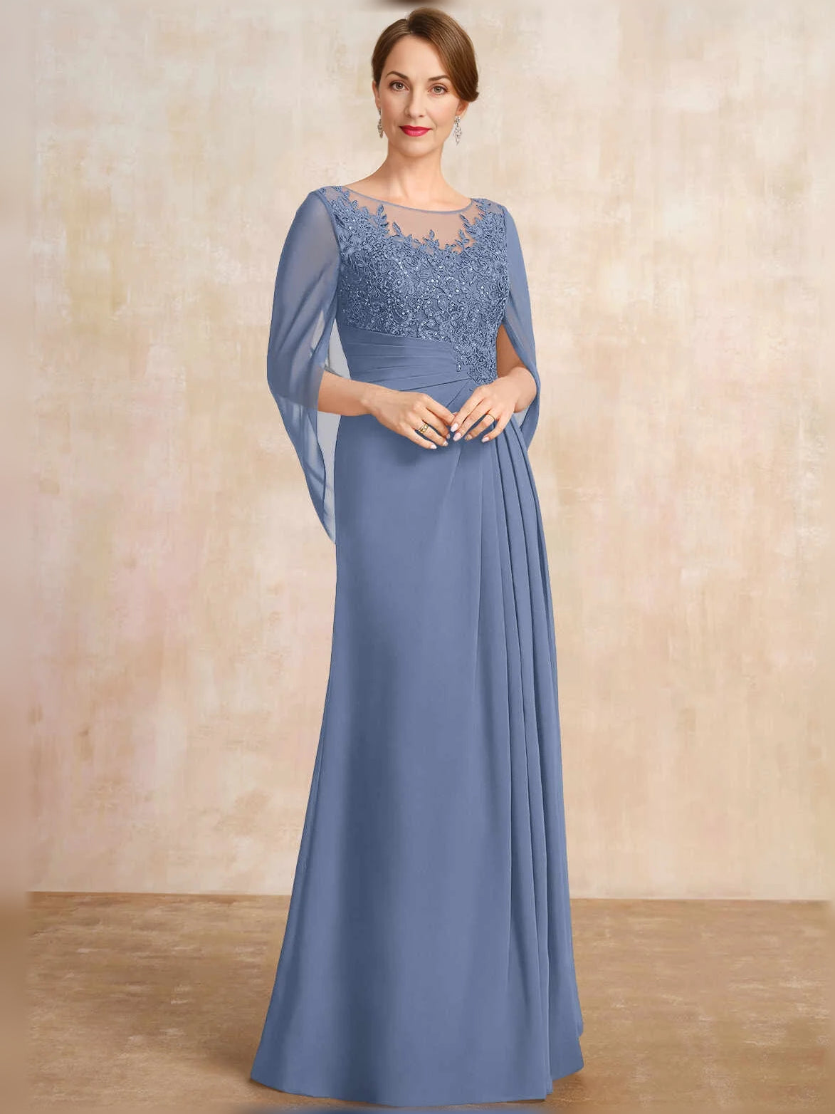 Dusty blue chiffon dress with illusion neckline, flowing drape sleeves, beaded lace bodice