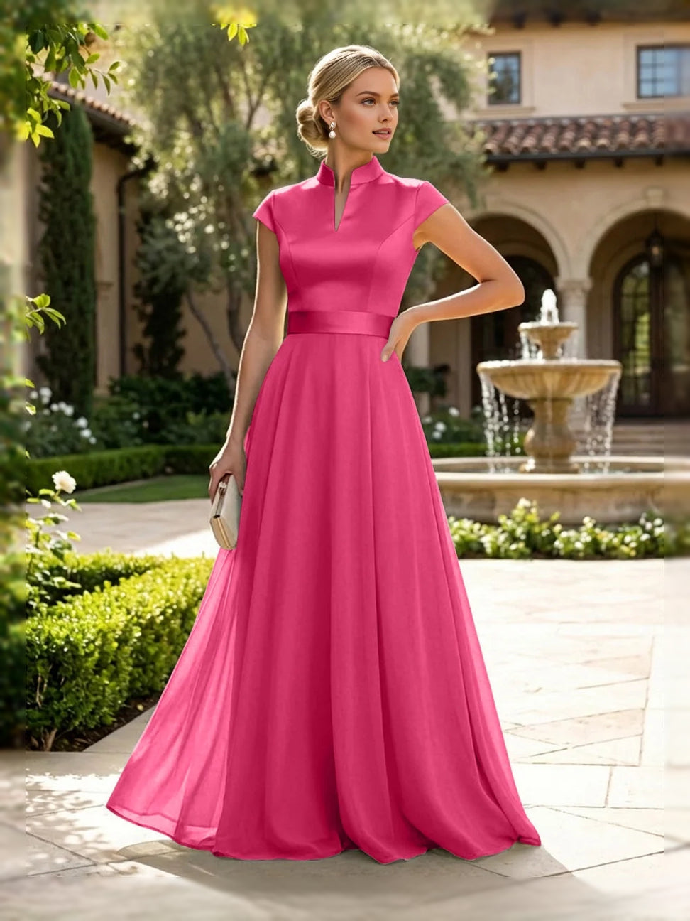 Pink satin A-line dress with sleeveless high neck and floor length