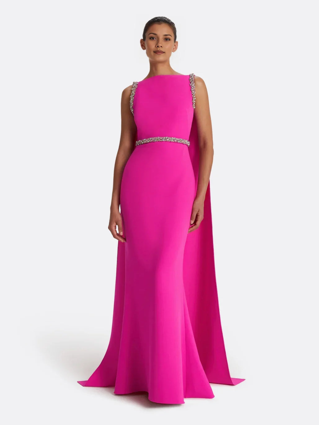 Fuchsia mermaid formal dress, sleeveless with beaded trim at waist, floor-length skirt
