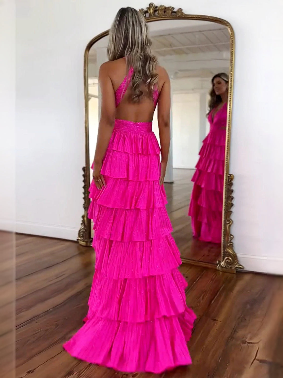 Tiered beaded slit V-neck A-line prom dress, fuchsia pink with tiered ruffles