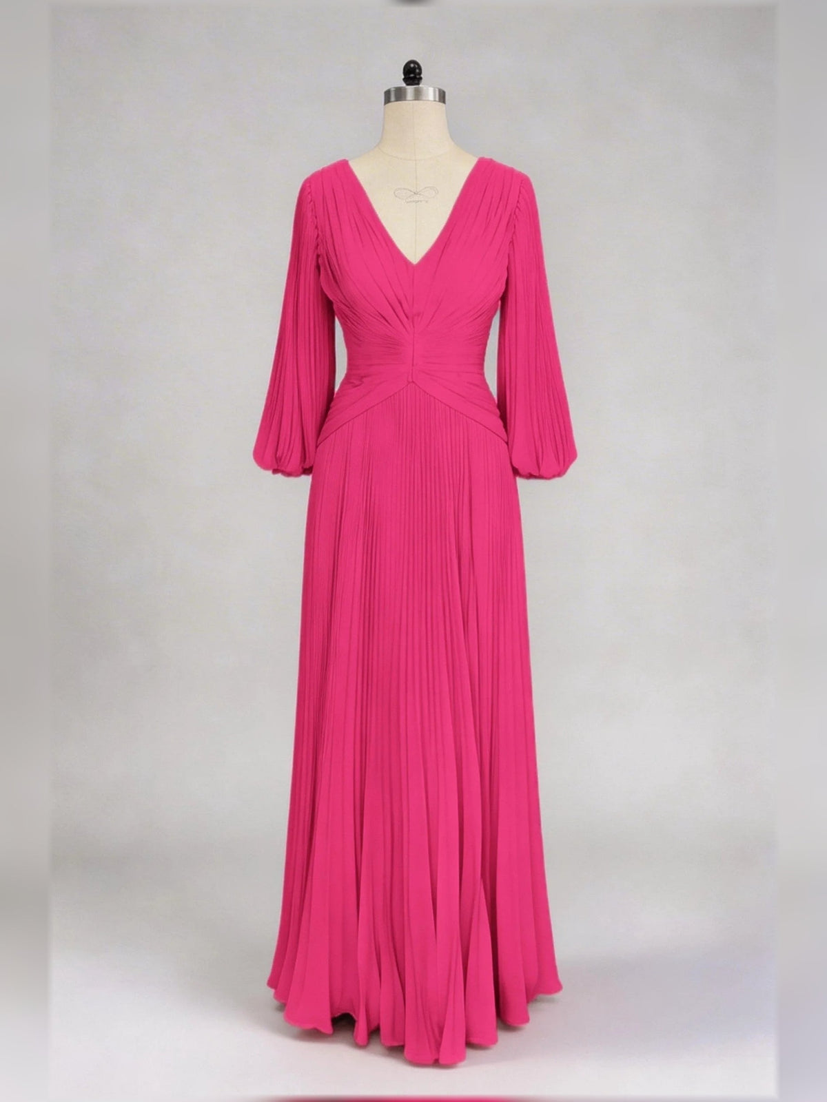 Fuchsia V-neck ruched waist A-line pleated floor-length dress with 3/4 sleeves