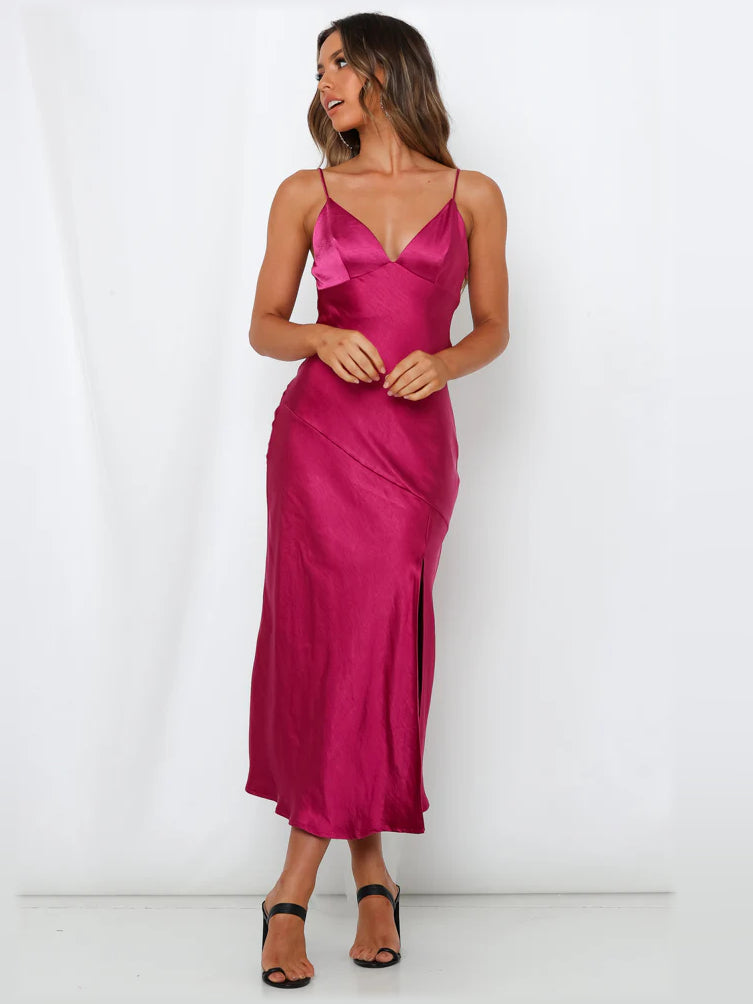Fuchsia satin midi formal dress with V-neck, spaghetti straps, fitted waist, side slit