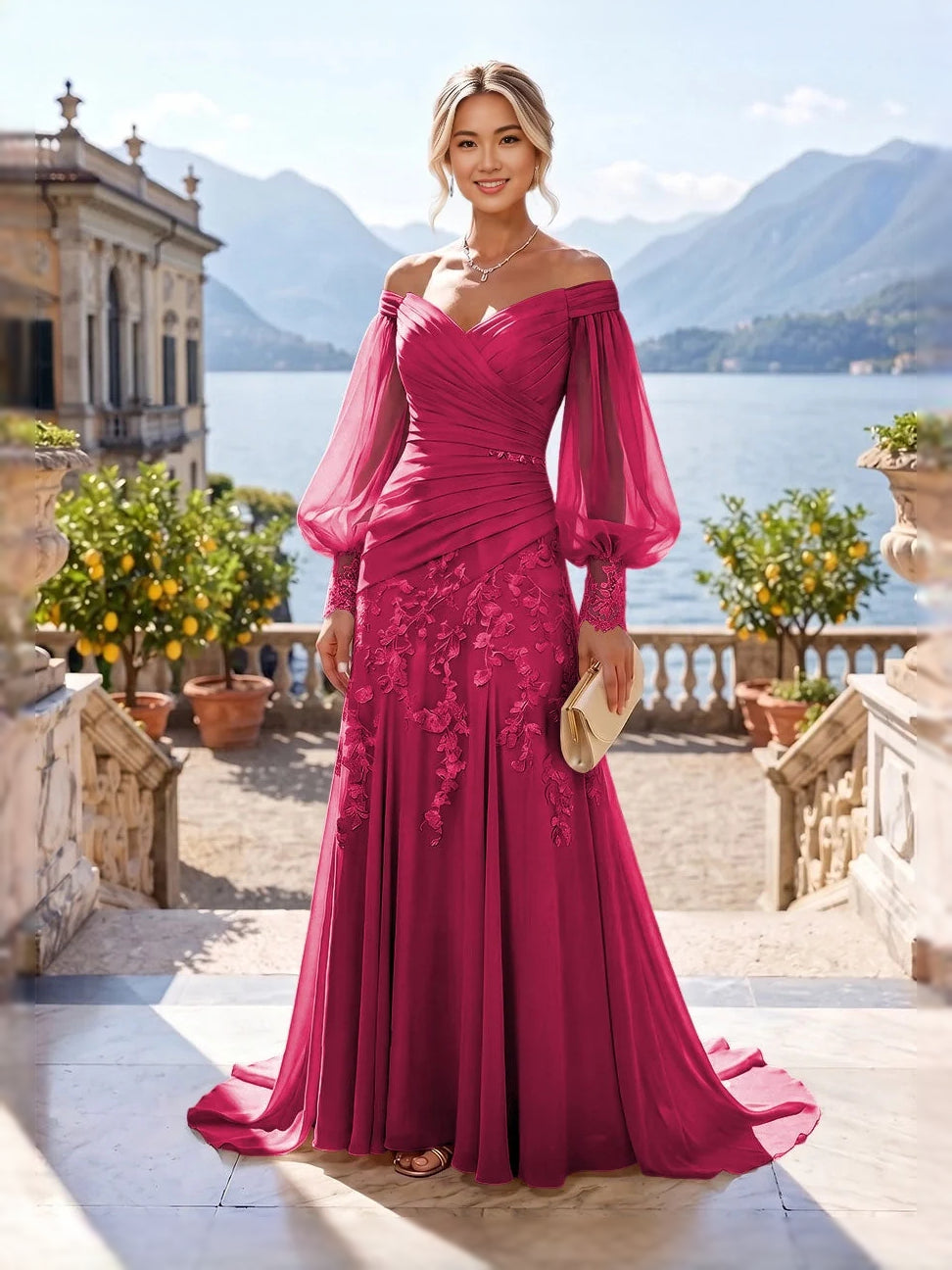 Fuchsia pink ruched off-shoulder mermaid gown with floral lace and sheer sleeves