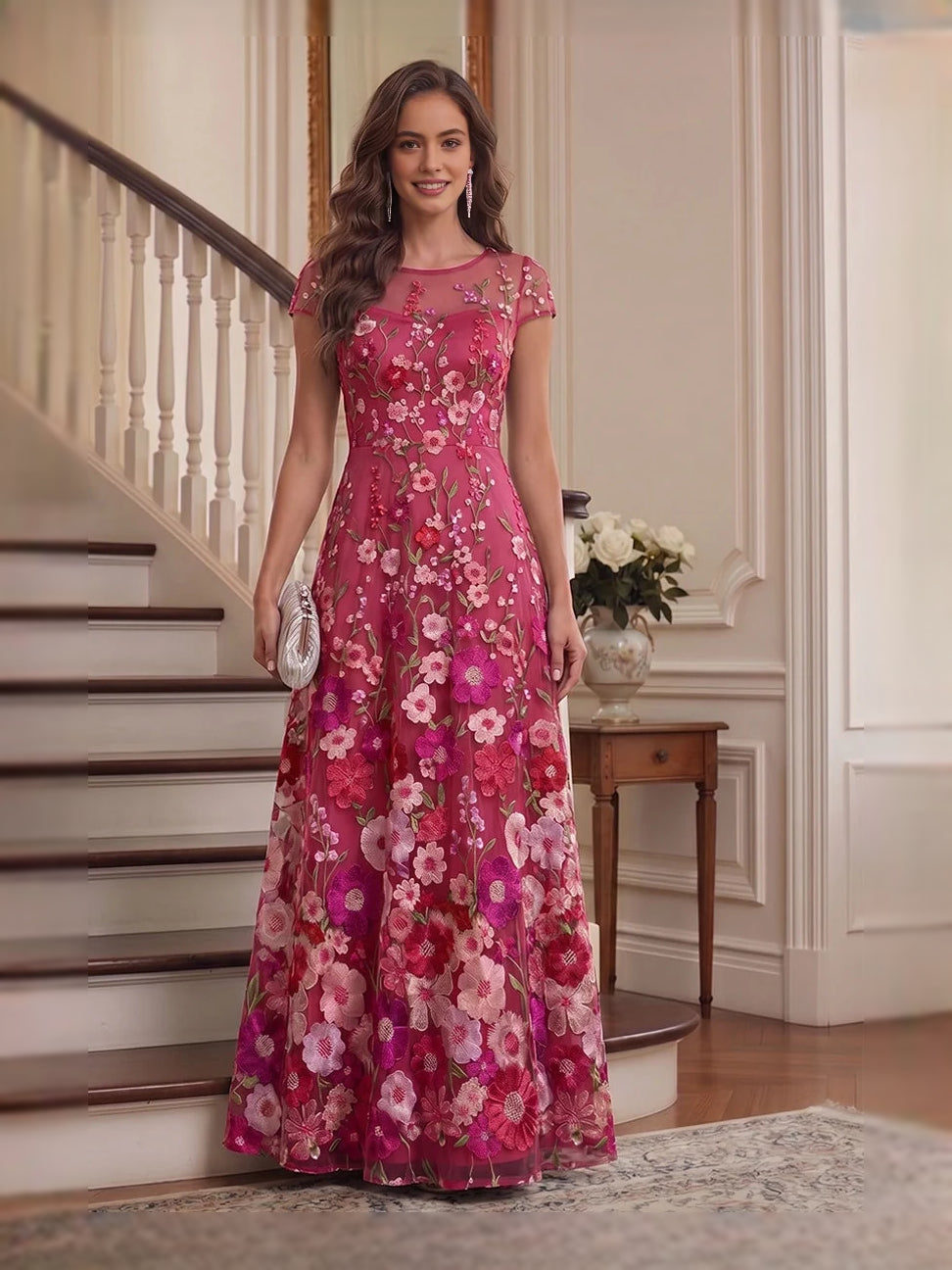 Fuchsia pink floral embroidered cap-sleeve A-line tulle gown, floor-length