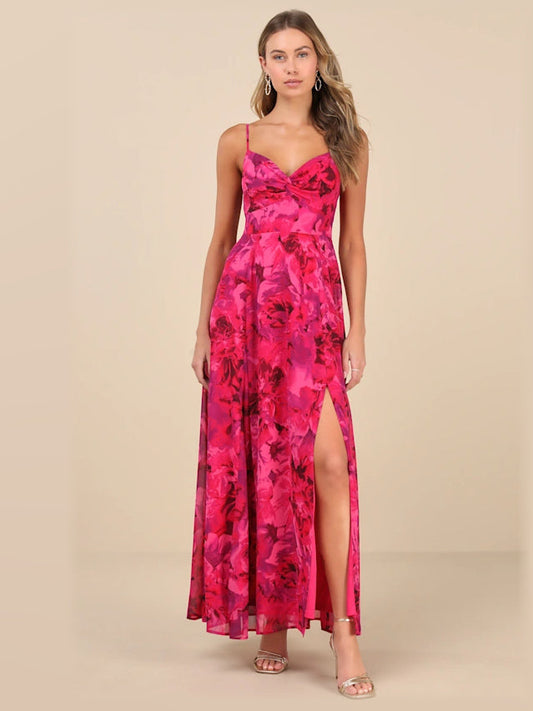 Fuchsia floral maxi formal dress with bow-twist bust and front slit