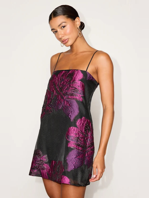 Floral mini homecoming dress, black with fuchsia floral print, spaghetti straps, fitted skirt