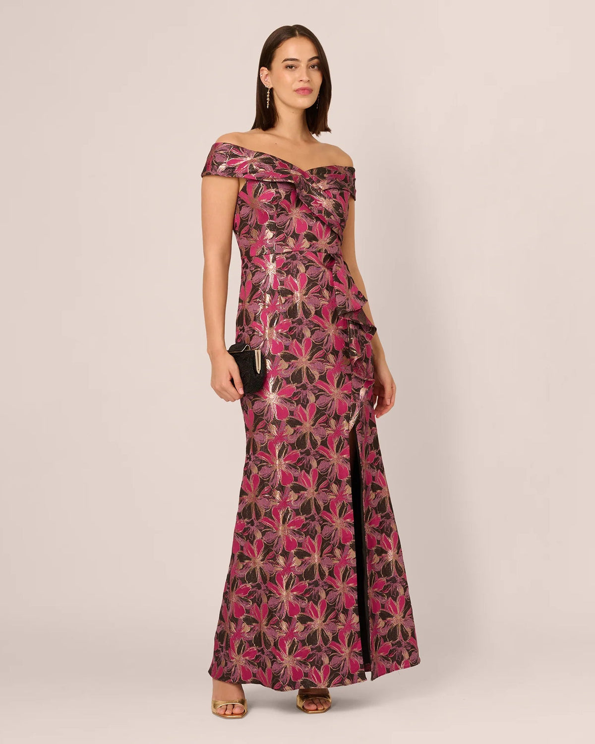 Off-shoulder A-line maxi dress in fuchsia pink with floral print and front slit