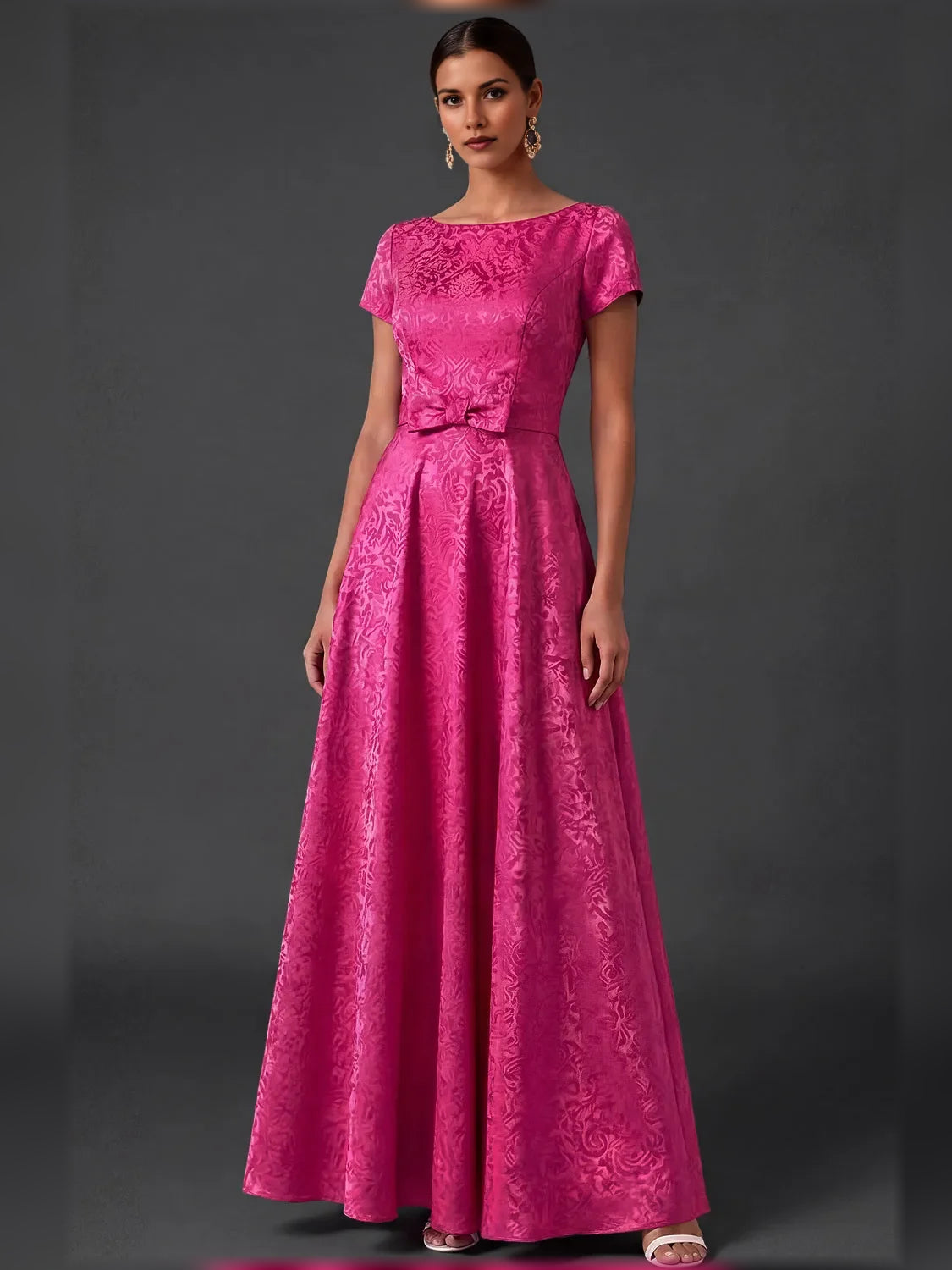 Fuchsia short A-line mother-of-the-bride dress with bateau neckline and bow belt