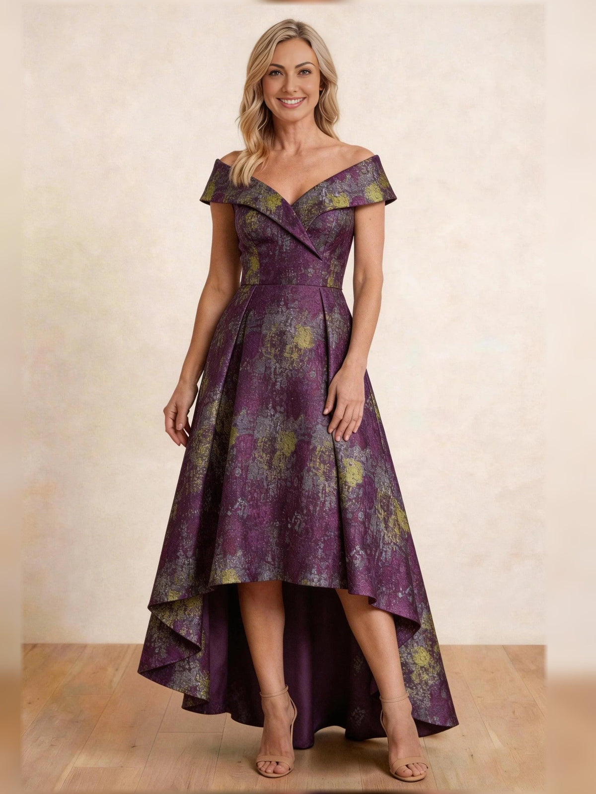 Pleated floral off-shoulder A-line high-low dress, purple and green