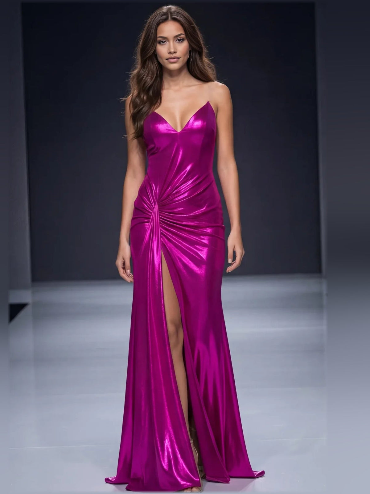 Fuchsia V-neck mermaid formal dress with ruched bodice and side slit, floor-length.