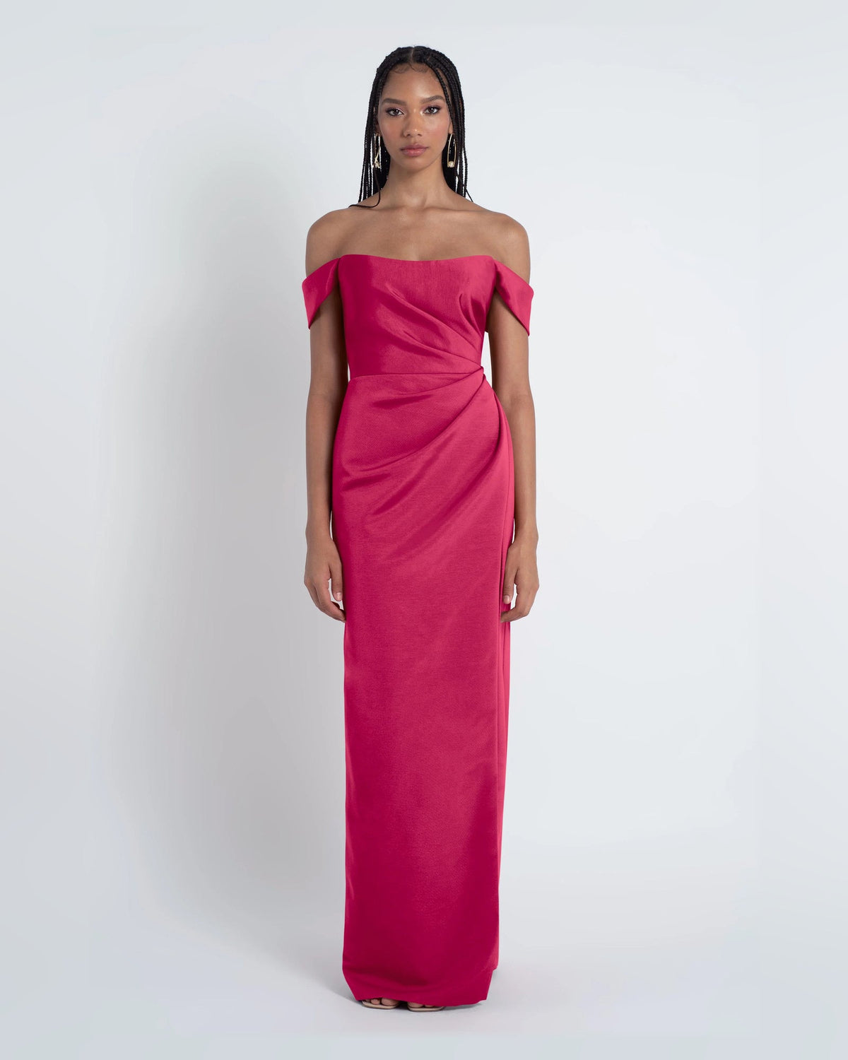 Fuchsia off-shoulder A-line formal dress, floor-length, front view with draped waist