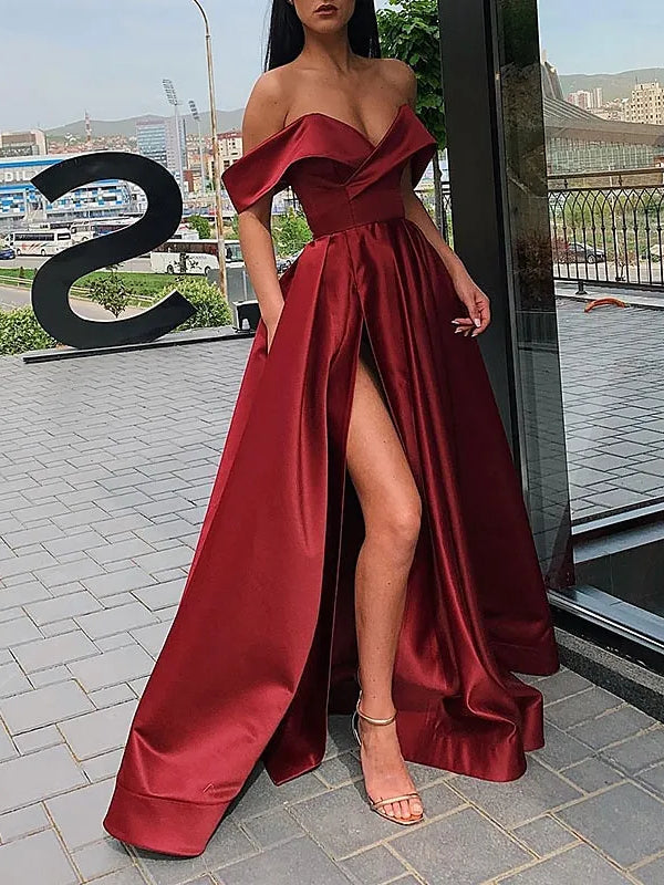 Rust off-shoulder ruched ball gown with off-shoulder sleeves and thigh-high slit