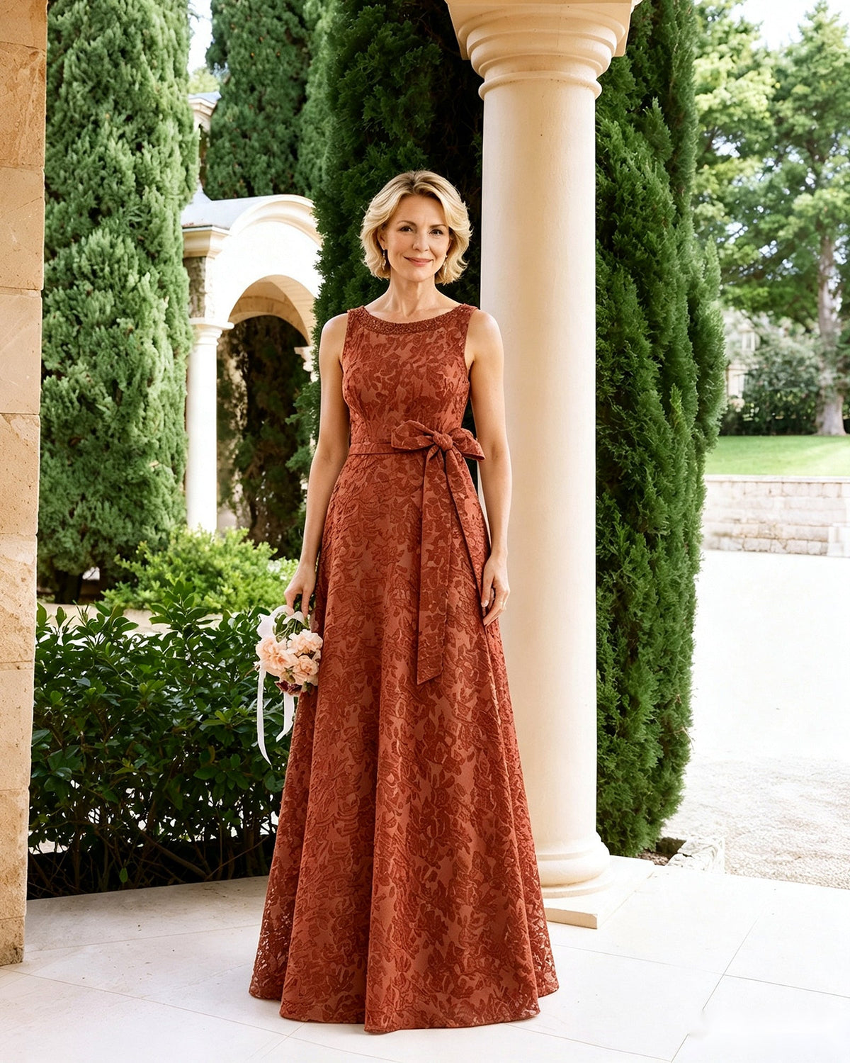Rust brown sleeveless lace A-line mother-of-the-bride dress with front sash bow