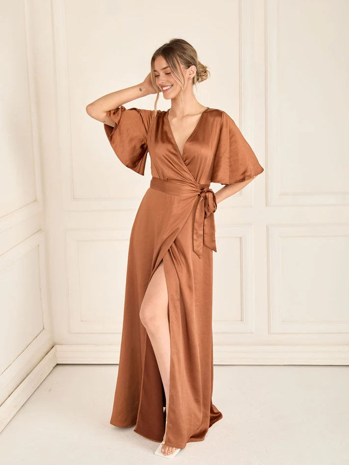 Rust satin wrap dress with V-neck, short sleeves, tie waist, high front slit