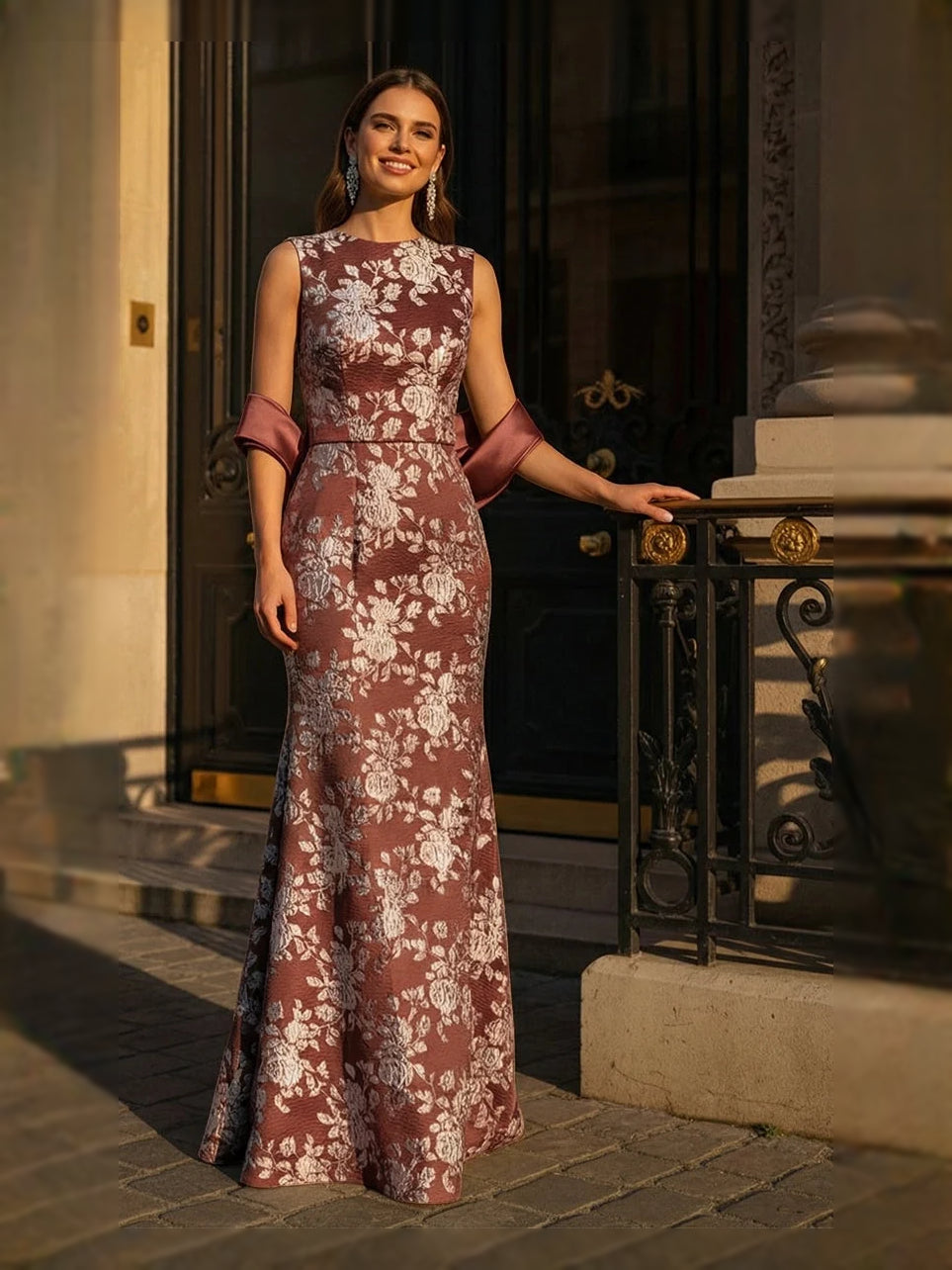 Rust floral scoop neck sleeveless mermaid floor-length dress, lace-like print