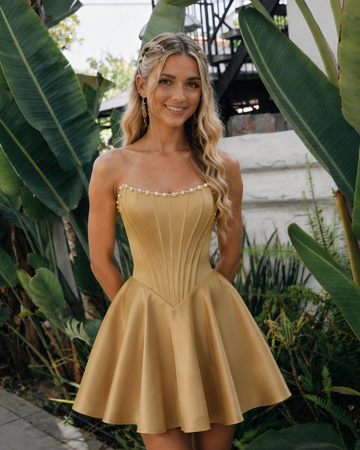 Strapless satin homecoming dress with pearl trim and flared skirt—gold satin