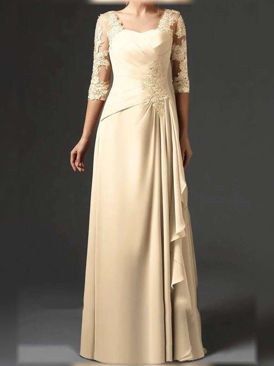 Champagne gold chiffon A-line mother of the bride dress, square neck, lace sleeves, ruched waist.