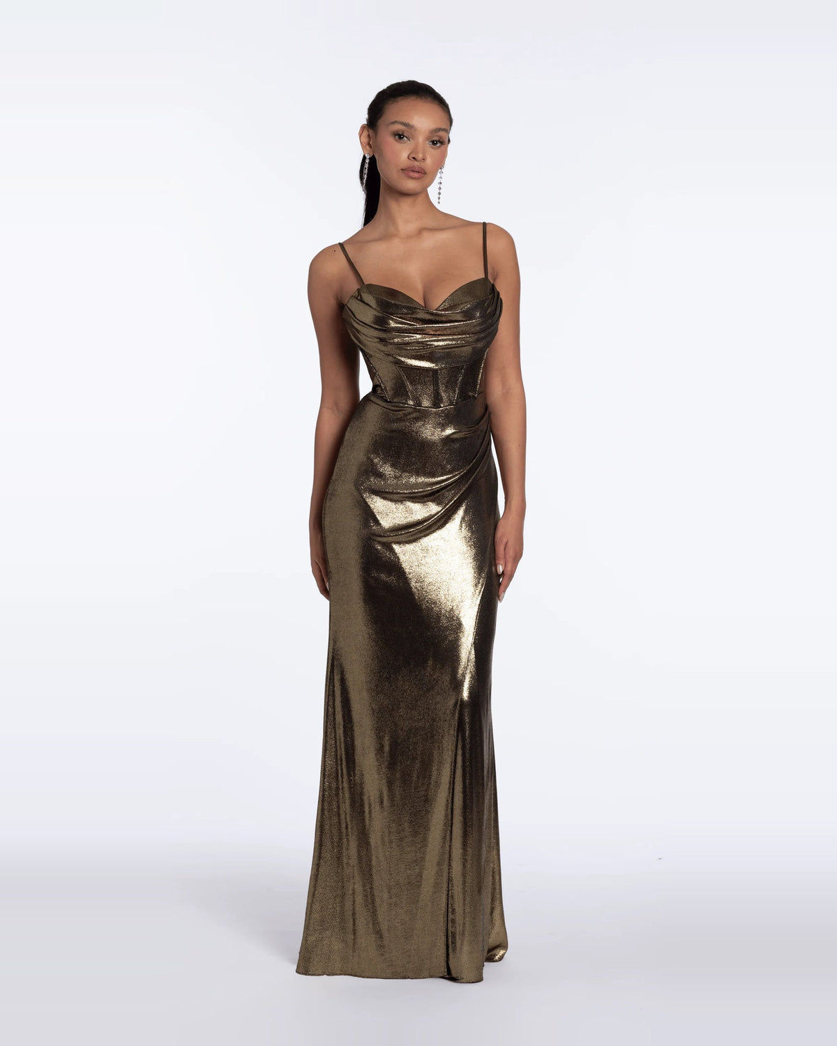 Gold draped sweetheart column maxi dress with ruched detailing and thin straps