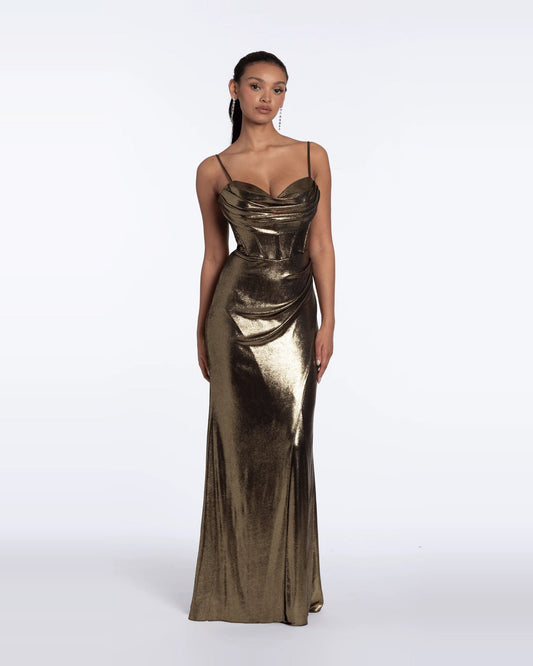 Gold draped sweetheart column maxi dress with ruched detailing and thin straps