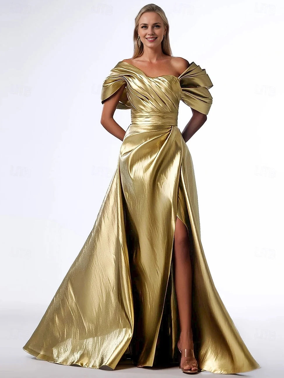 Gold satin off-shoulder A-line prom dress with pleated skirt and high slit