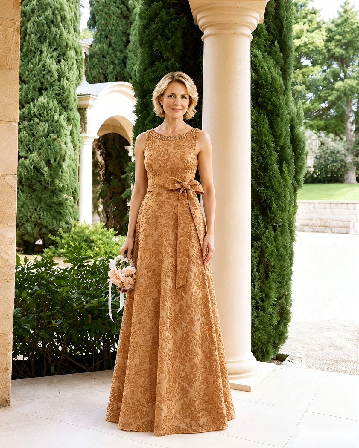 Sleeveless lace A-line mother-of-the-bride dress in tan with waist sash and bow