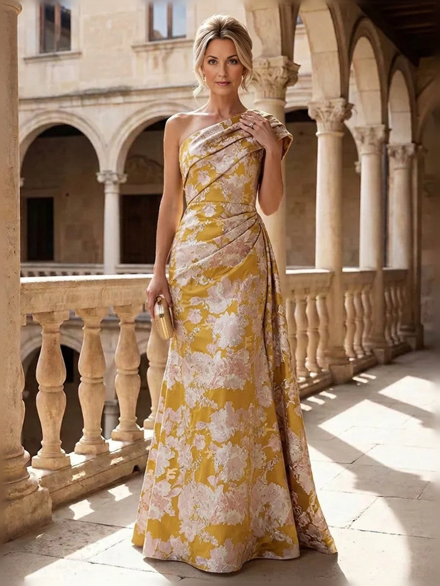 Ruched one-shoulder mermaid gown, champagne yellow floral print, floor-length