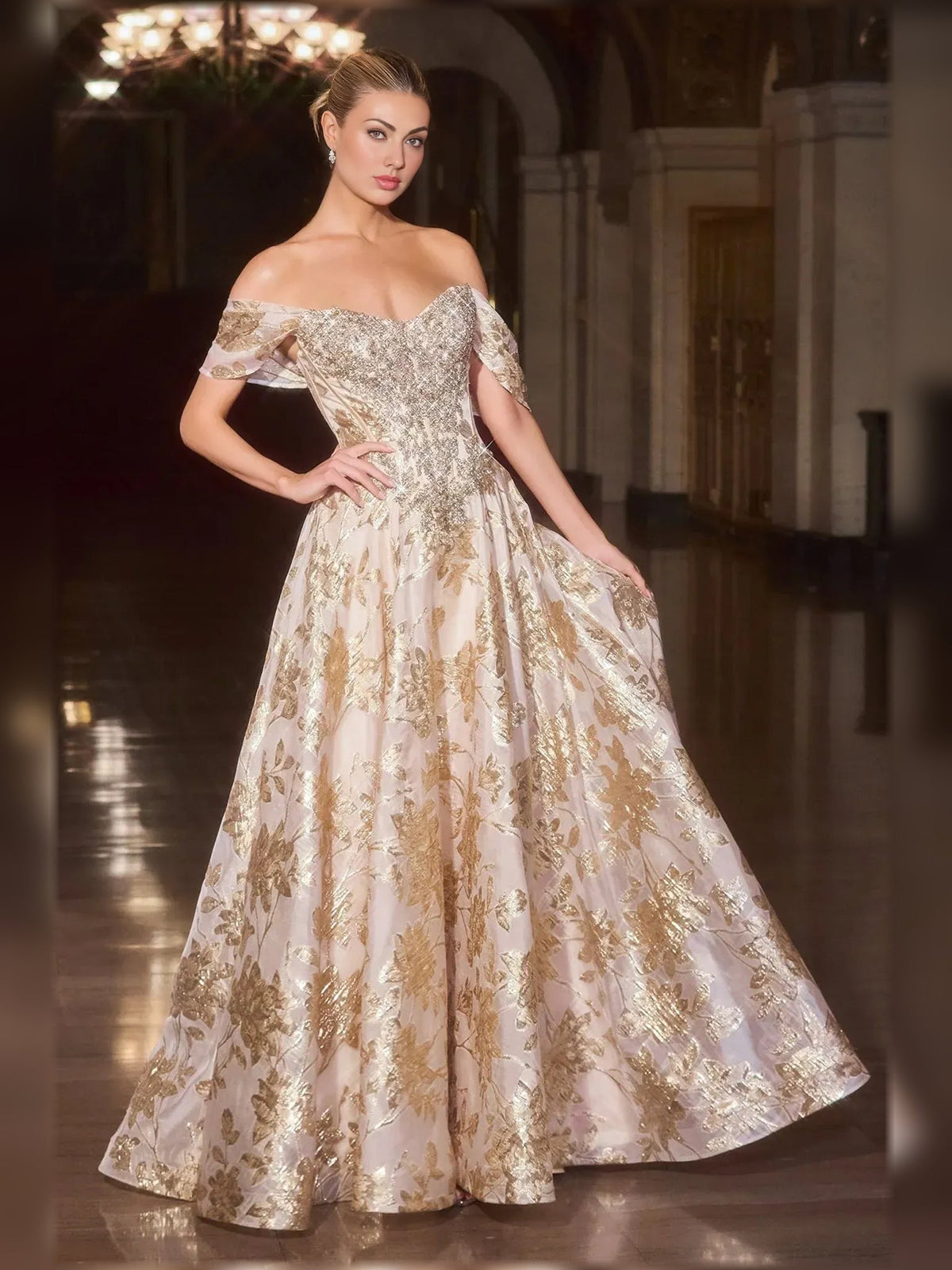Gold off-shoulder sweetheart ball gown with sparkling beading and voluminous floor-length skirt