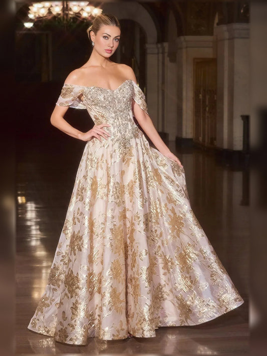 Gold off-shoulder sweetheart ball gown with sparkling beading and voluminous floor-length skirt