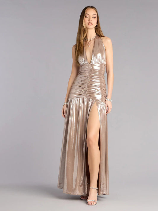 Gold metallic halter formal dress with ruched skirt and thigh-high slit, sleeveless
