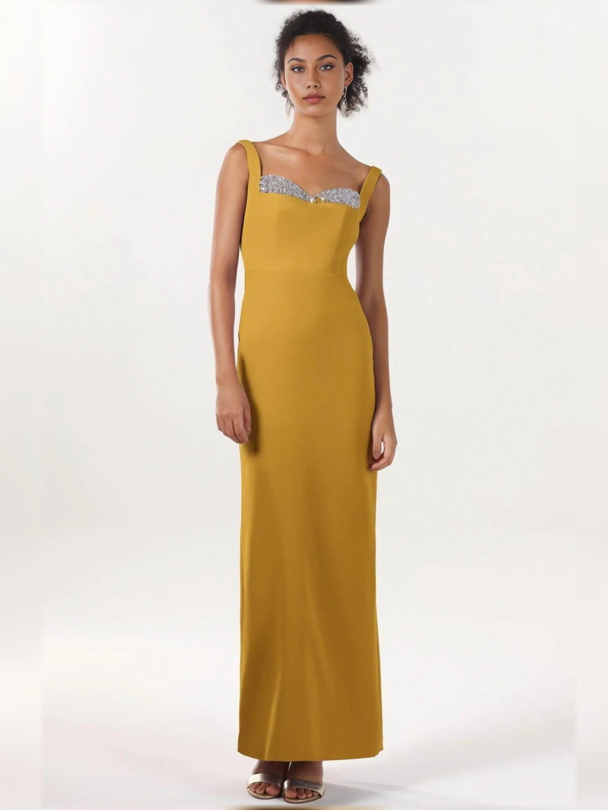 Floor-length sleeveless formal dress with sweetheart neckline and silver beaded bodice, marigold
