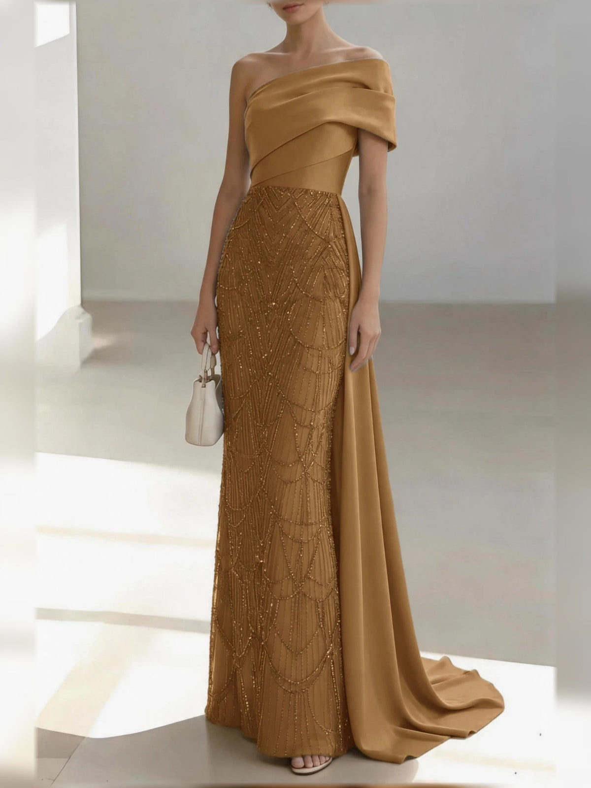 Mocha gold one-shoulder satin mermaid gown with draped bow and embroidered lace look