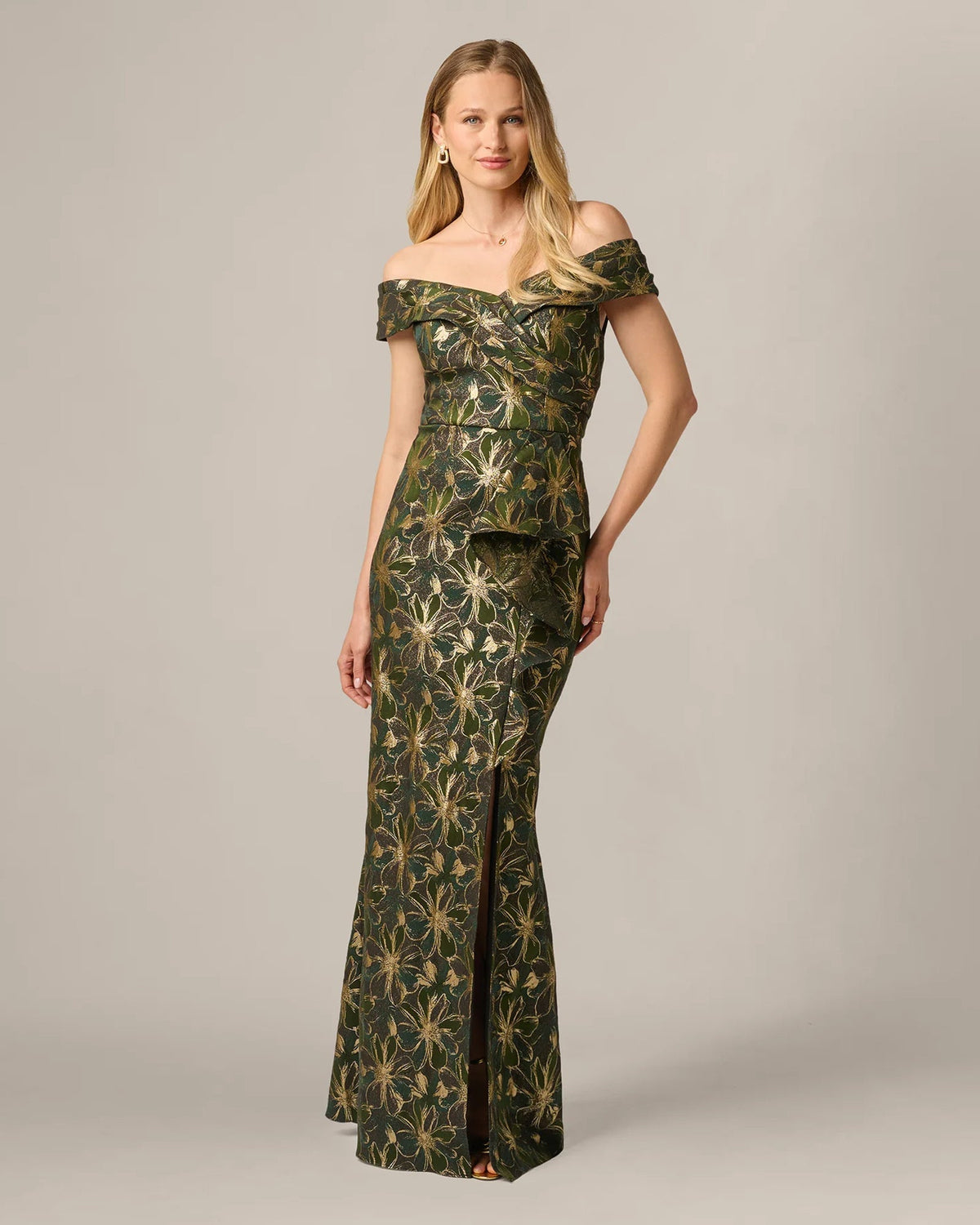 Off-shoulder A-line maxi dress in dark olive with gold floral botanical print
