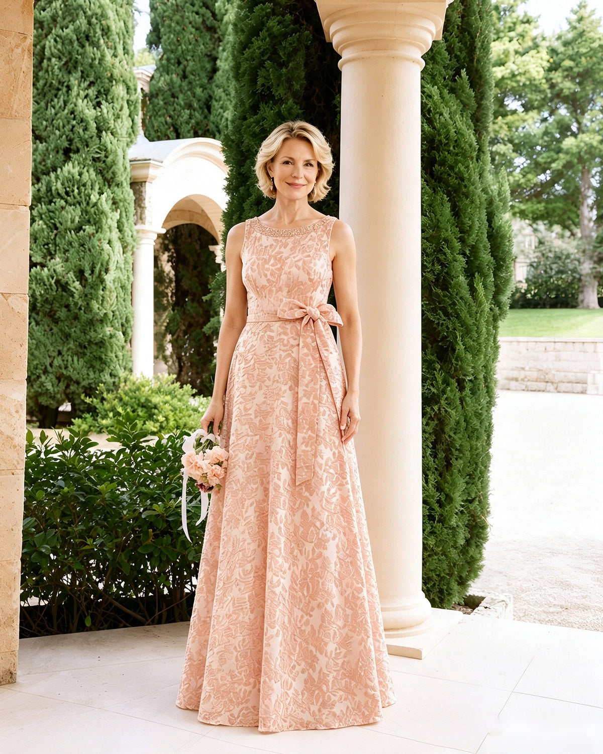 Sleeveless lace A-line mother-of-the-bride dress in peach with waist sash and bow