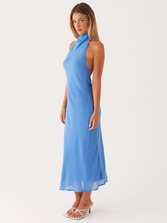 Azure halter midi formal dress, side profile with sleeveless high neck and layered hem