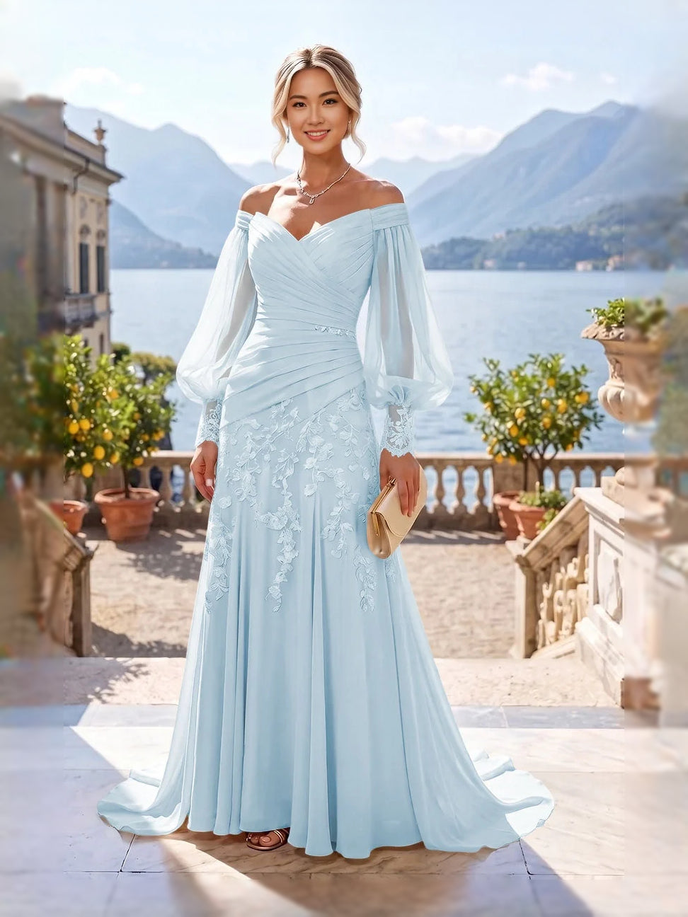 Light blue ruched off-shoulder mermaid gown with floral lace and sheer sleeves