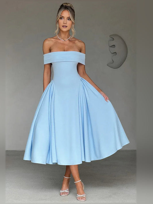 Sky blue off-the-shoulder A-line midi formal dress with pleated A-line skirt