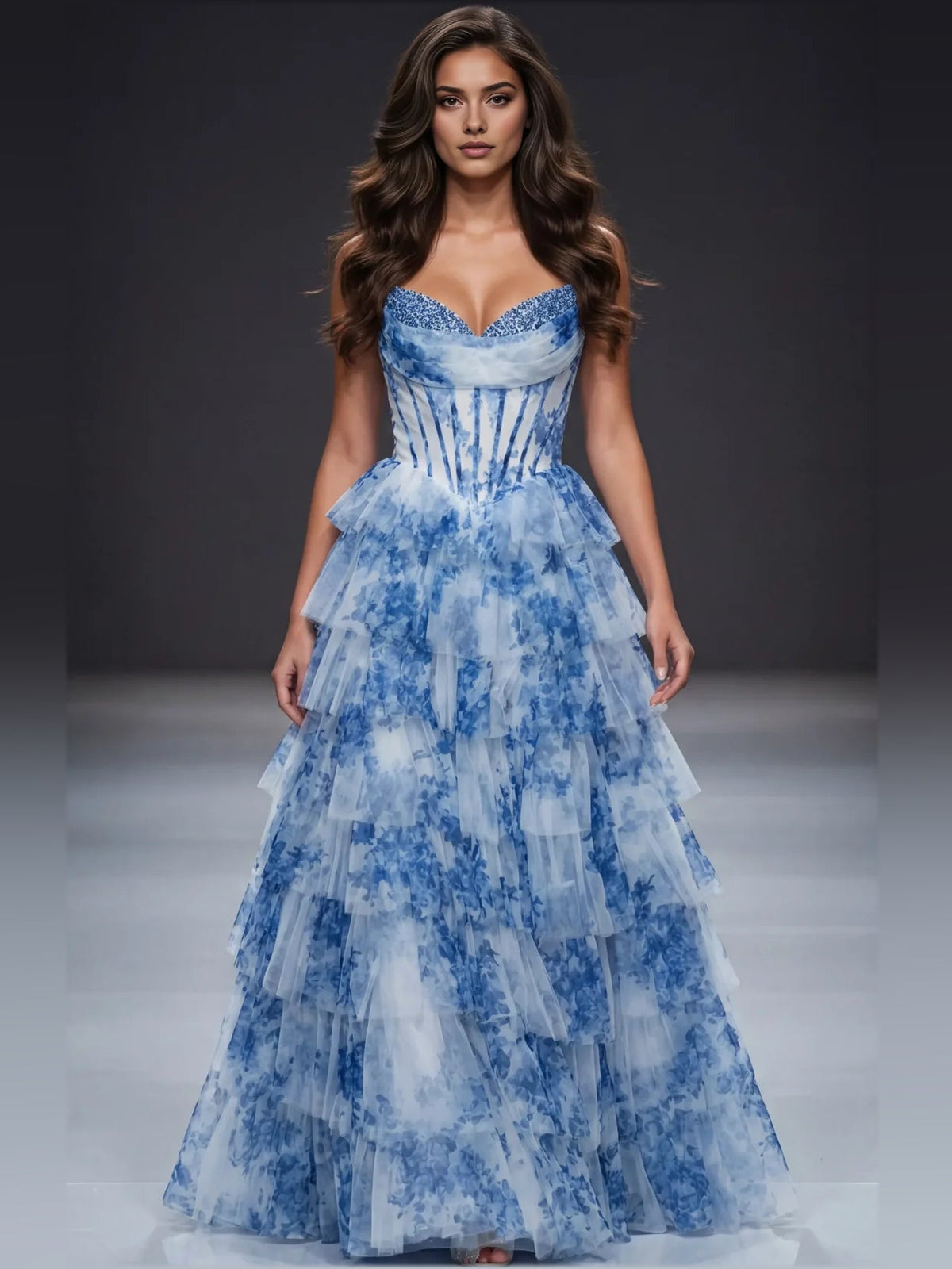 Blue sweetheart corset A-line tulle prom dress with tiered ruffle skirt, full front