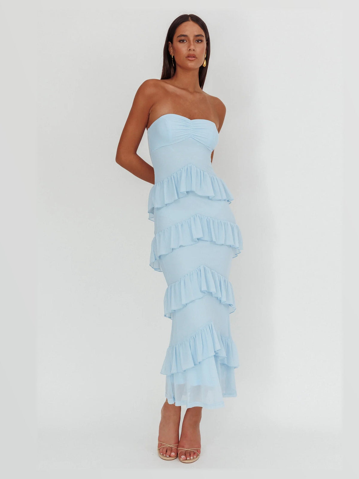 Light blue strapless sweetheart tiered midi formal dress with layered ruffle skirt