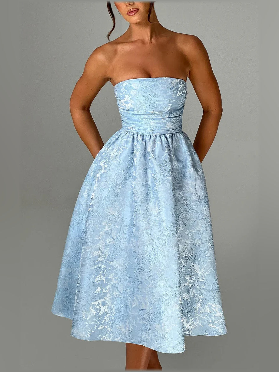 Light blue strapless corset midi dress with ruched bodice and gathered skirt