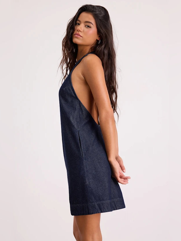 Blue sleeveless backless mini dress with V-back and straight skirt hem