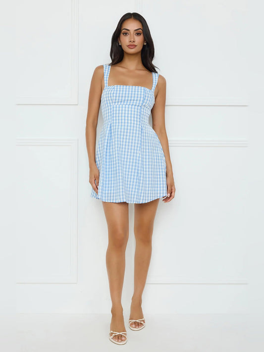 Light blue gingham mini dress with square neckline, thin straps, and flared skirt