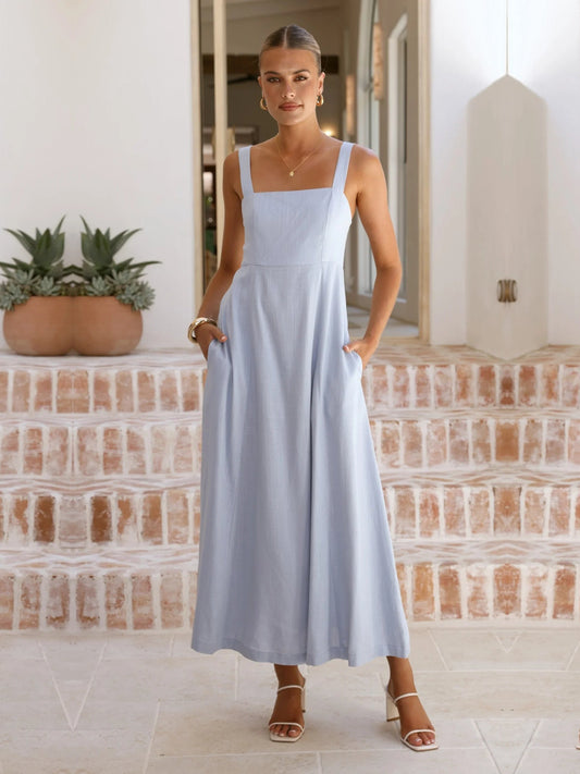 Light blue square-neck A-line maxi formal dress, sleeveless, centered front