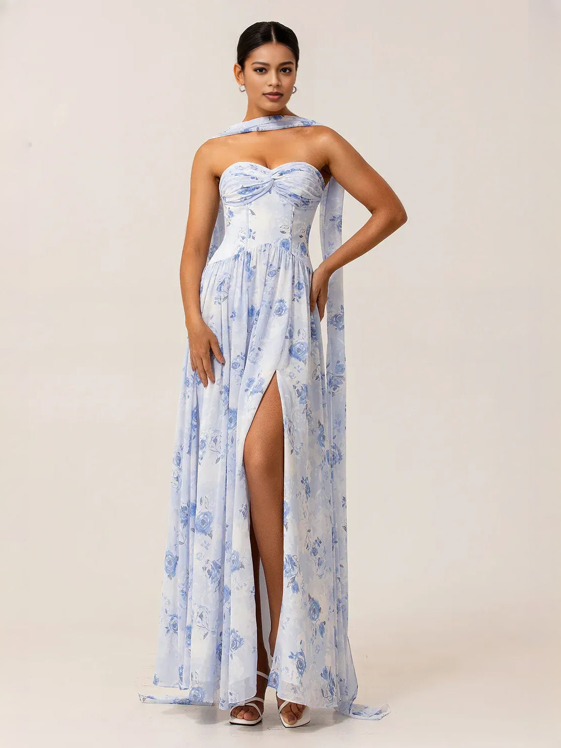 Blue floral chiffon maxi dress with strapless sweetheart neckline and airy A-line skirt