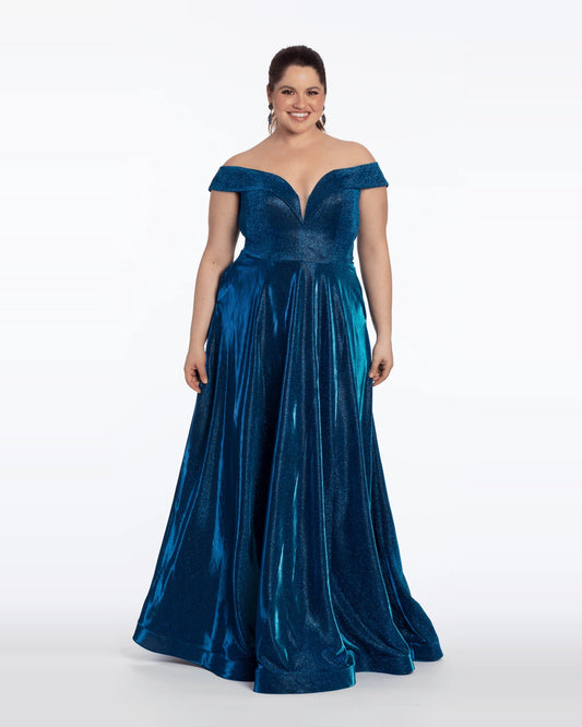 Blue glitter off-shoulder A-line maxi prom dress with gathered waist and flowing skirt