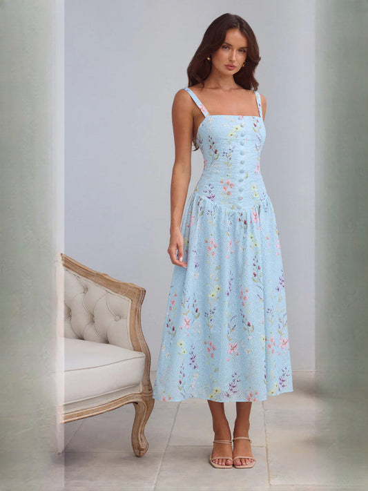 Light blue floral midi dress with spaghetti straps, square neckline, and flared A-line skirt