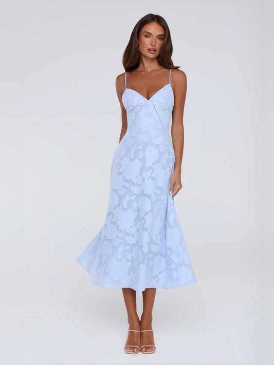 Light blue midi formal dress with sweetheart neckline and flared skirt hem