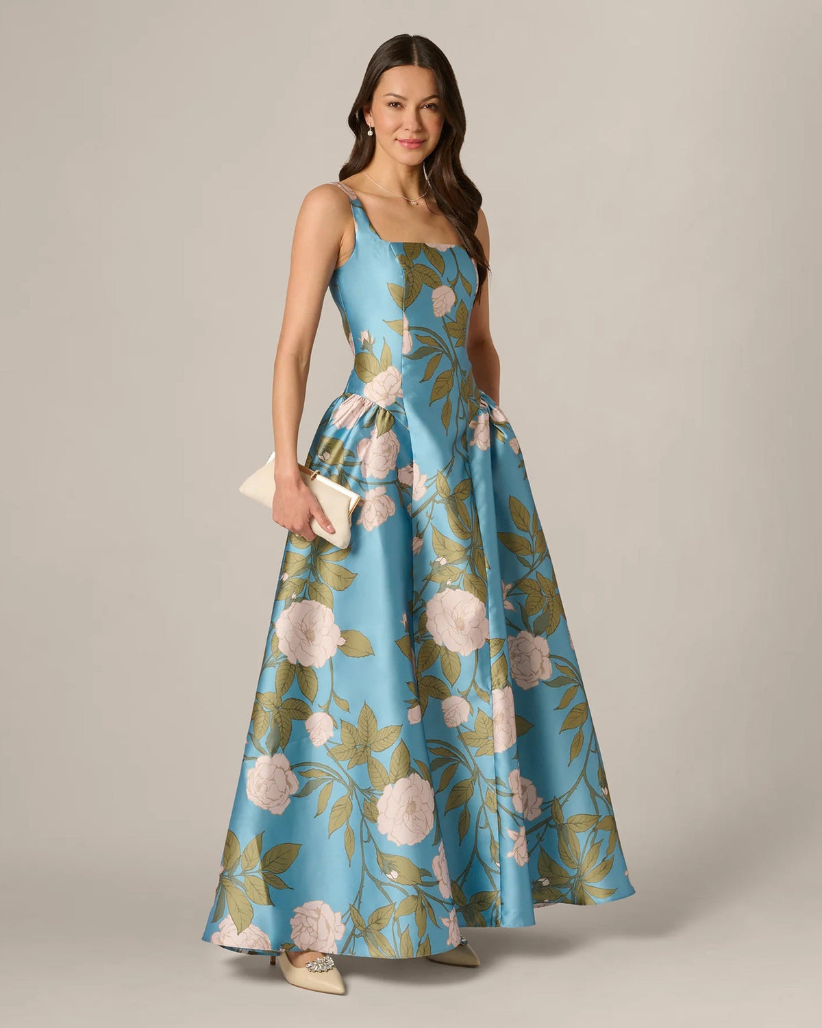 Blue floral maxi A-line dress, square neckline, sleeveless, front view with full skirt
