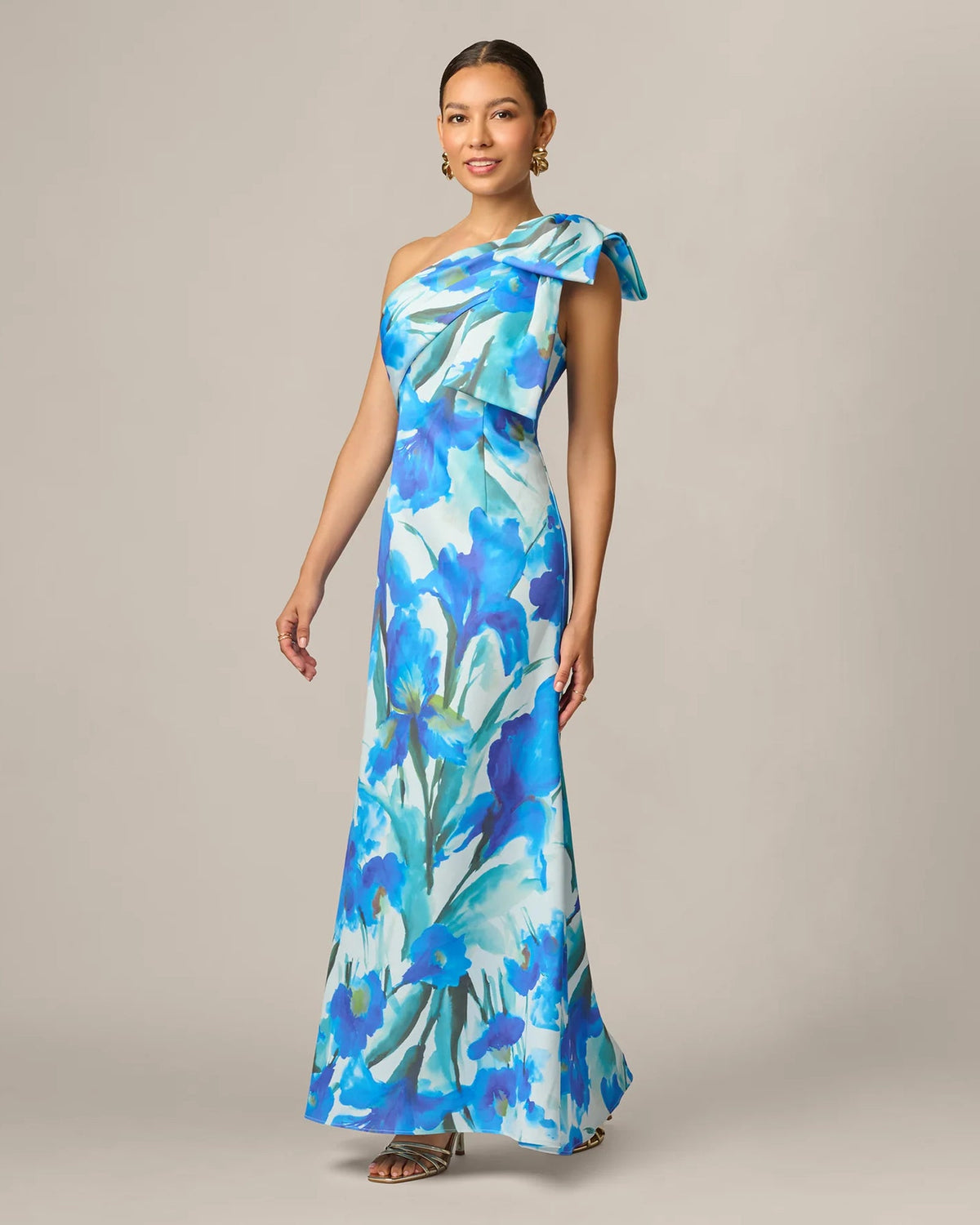 Blue floral one-shoulder mermaid maxi dress with draped bow shoulder