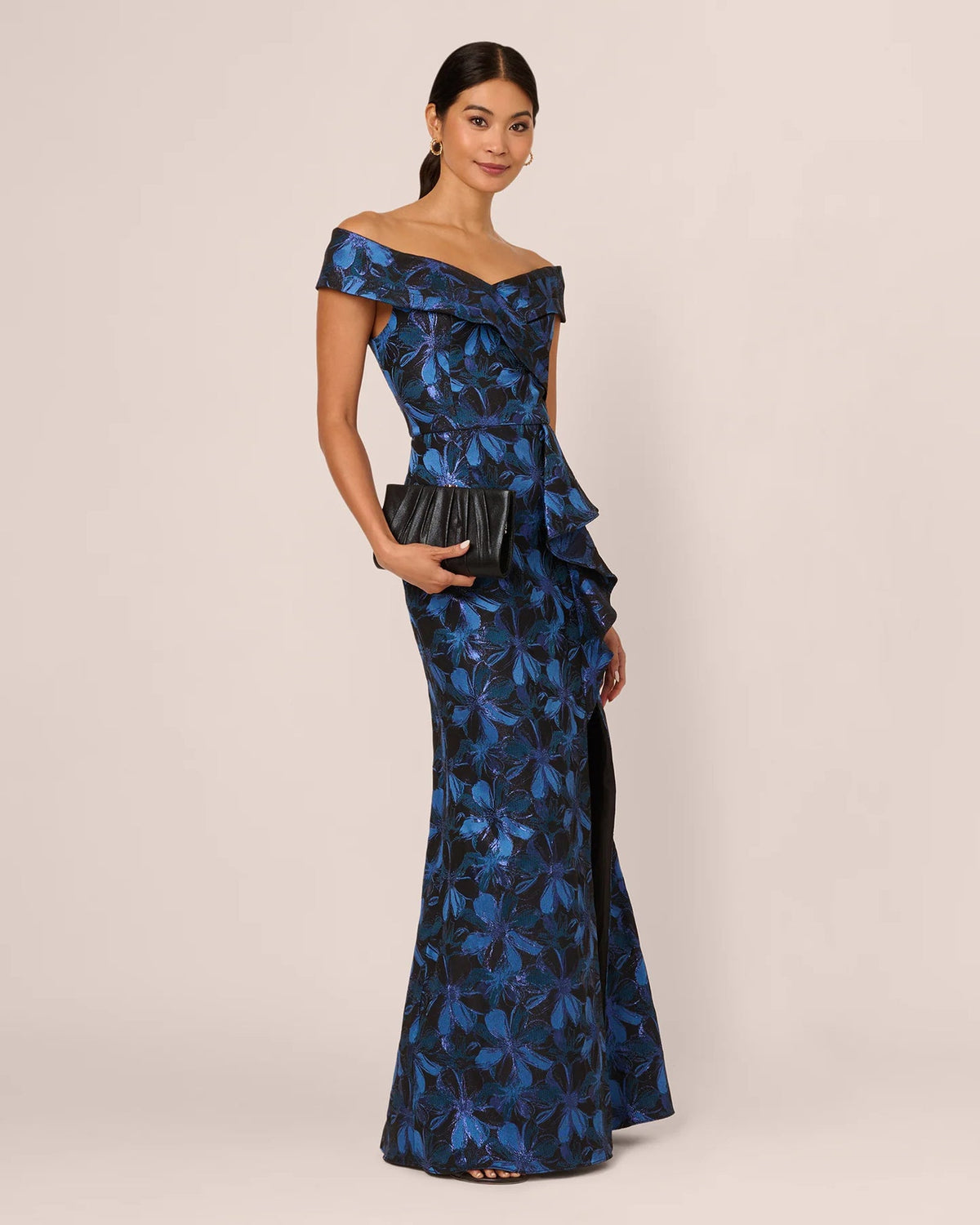Off-shoulder A-line maxi dress in deep blue with floral print and gathered shoulder detail