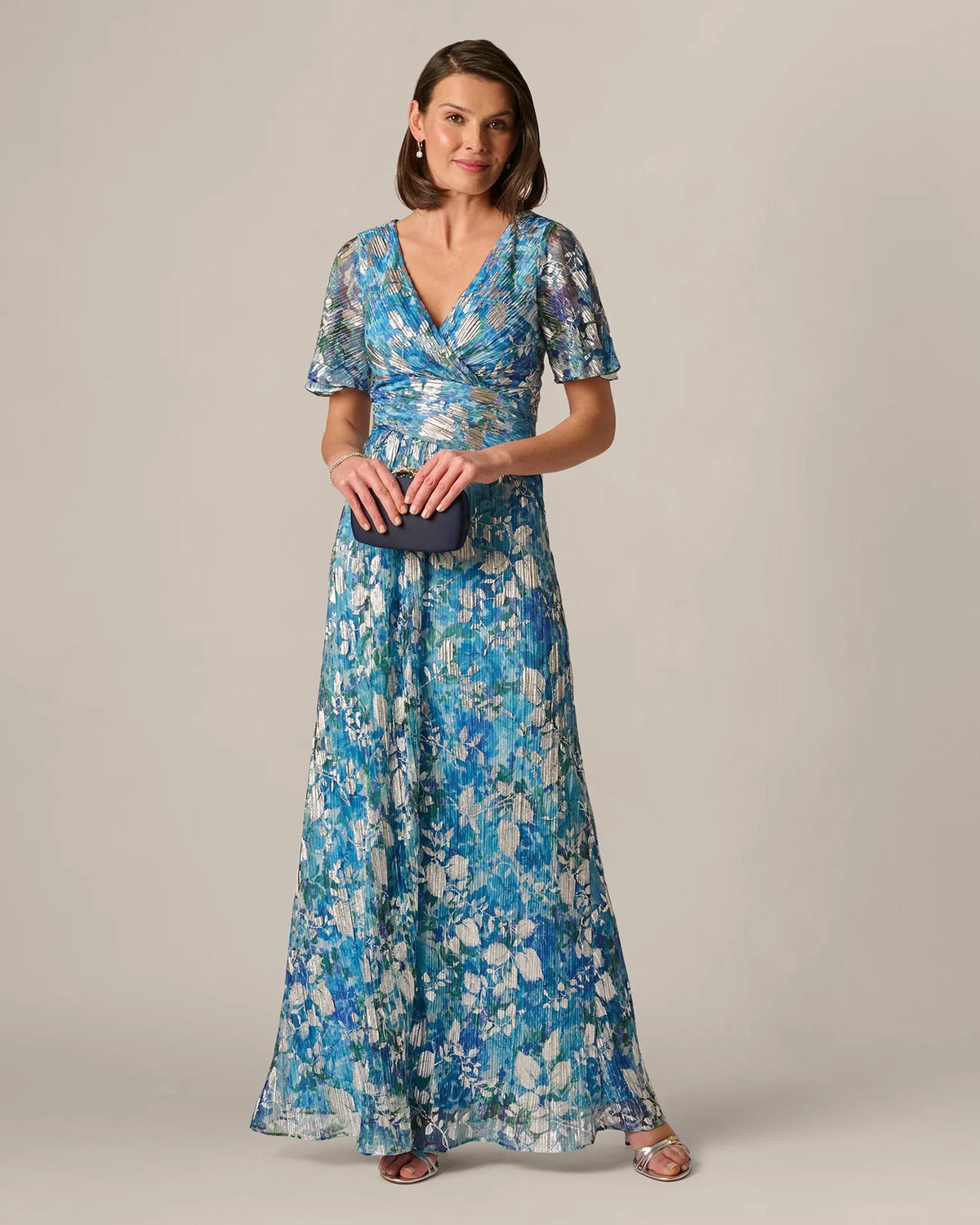 Blue floral print A-line maxi dress with V-neck wrap and short flutter sleeves